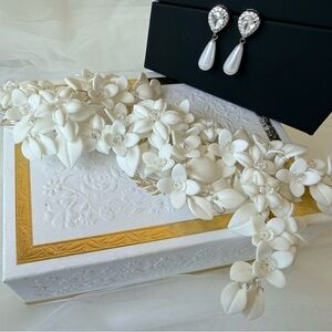 White Floral Statement Headpiece with Pearl Drop Earrings